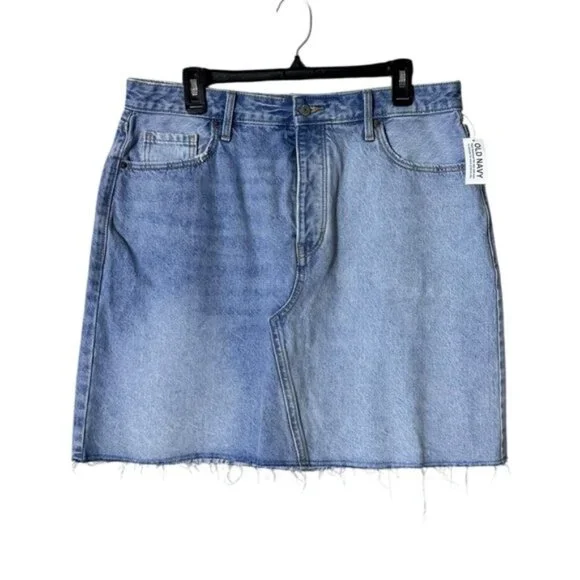 Y2K Old Navy Jean Mini Skirt Size 14 Button Fly Festival Distressed Blue Denim - Picture 1 of 9